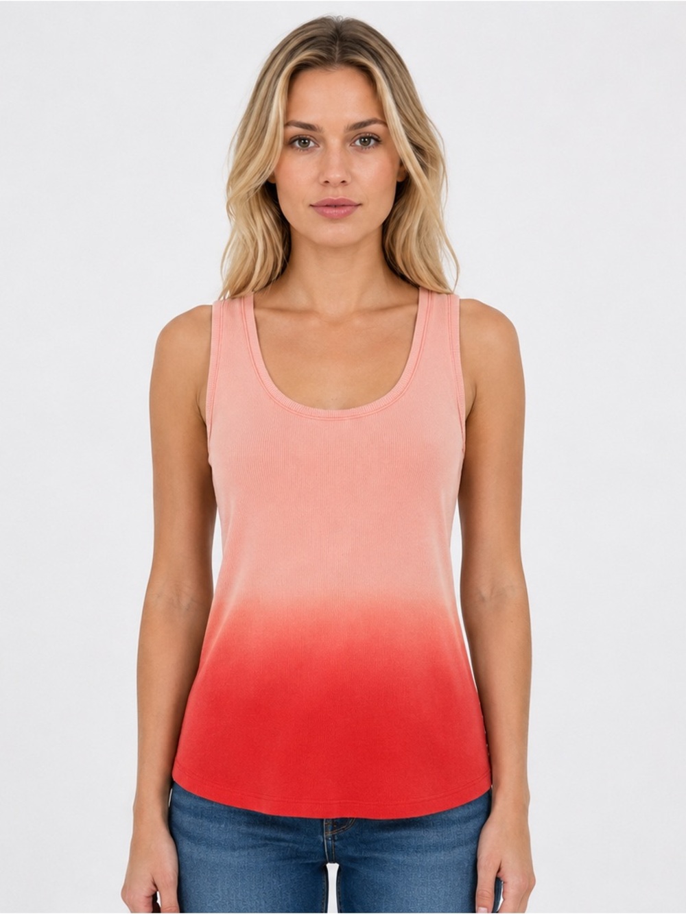 Eddie Bauer Rib Knit Dip Dyed Ombre Peach Pink & Red Women's Tank Top Size Large